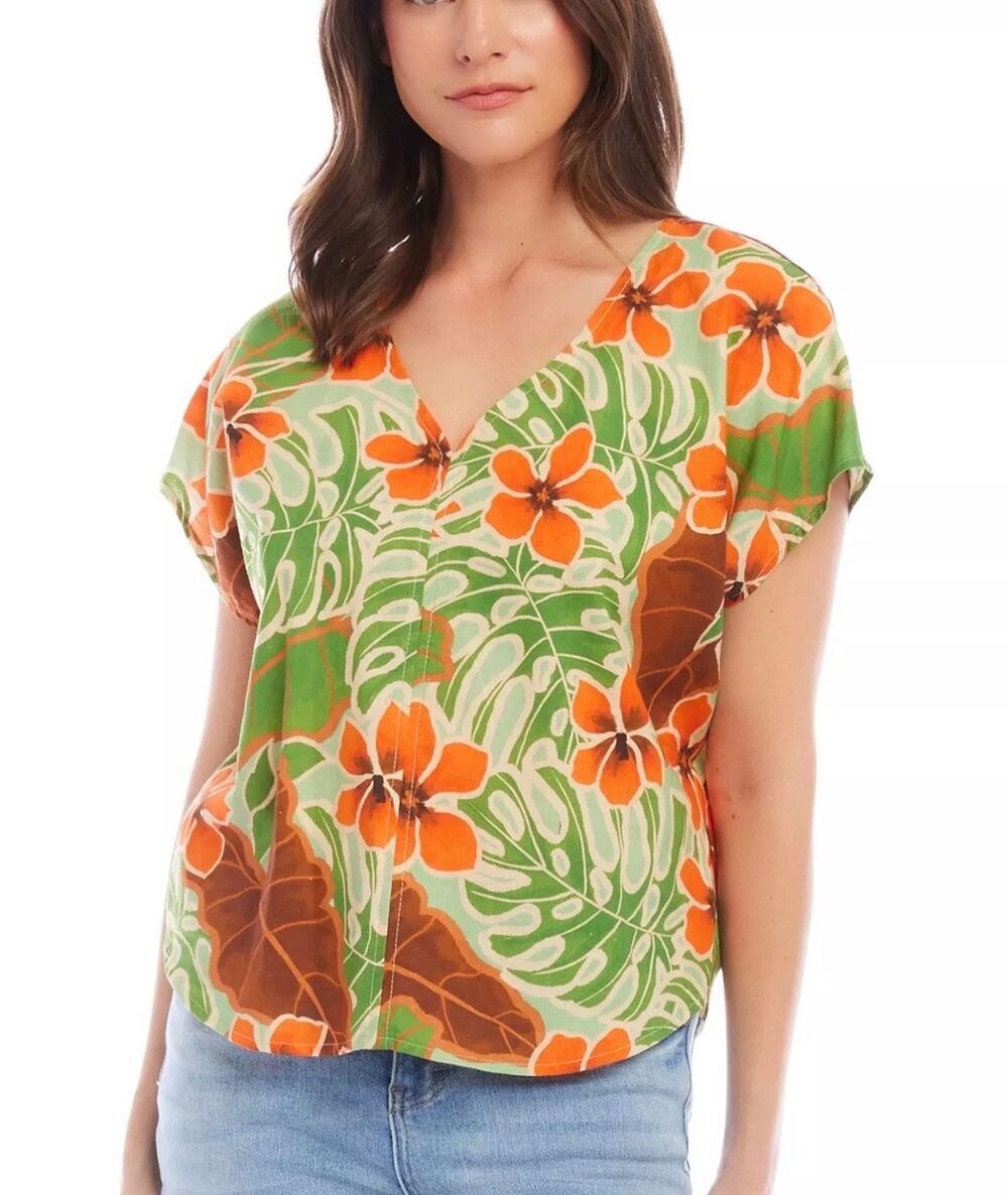 Karen Kane Mango Tango Tropical Linen Blend Dolman Top XS $118 NWT